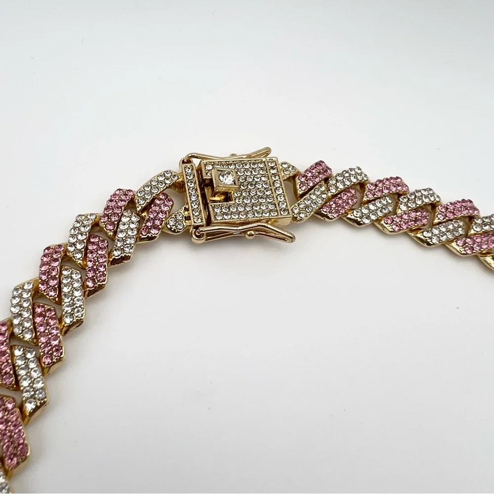 Pink Gold Diamond Bling Cuban Chain Dog Necklace 20 inches